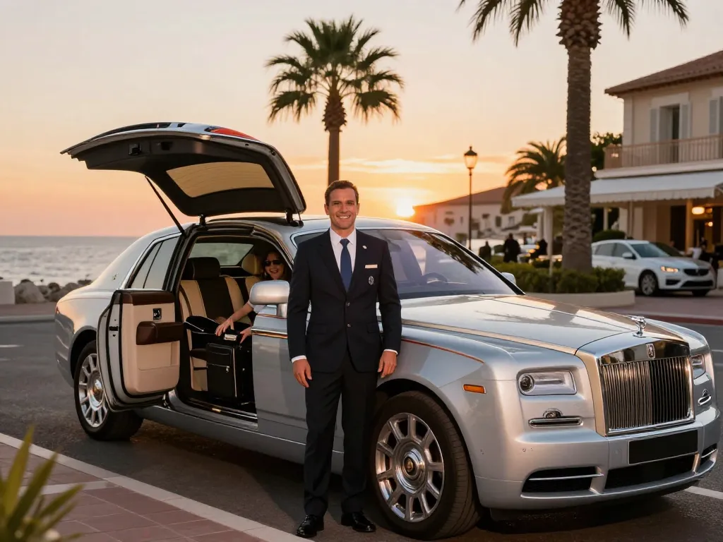 Service de taxi de luxe à Saint-Tropez avec chauffeur professionnel et arrière-plan côtier pittoresque.