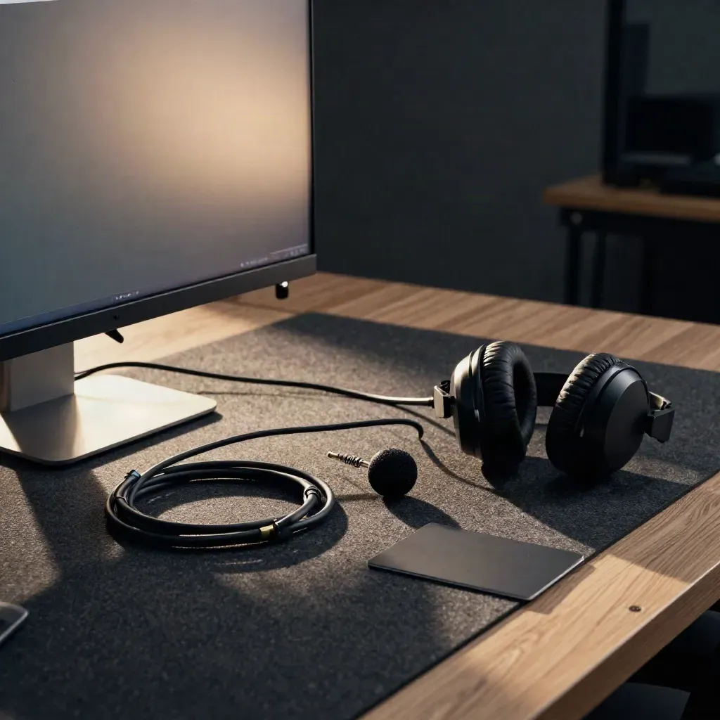 Editační studio s monitorem, kabelem, mikrofonní kapslí, sluchátky a deskou v pohybu.