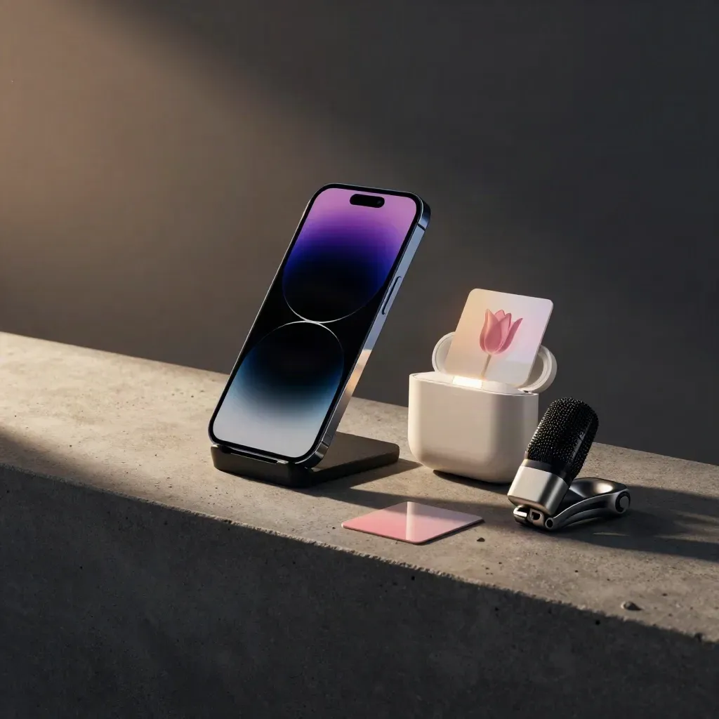 Tmavé startupové demo: mobil na stojanu, LED lišta, krabička a mikrofonní kapsle.