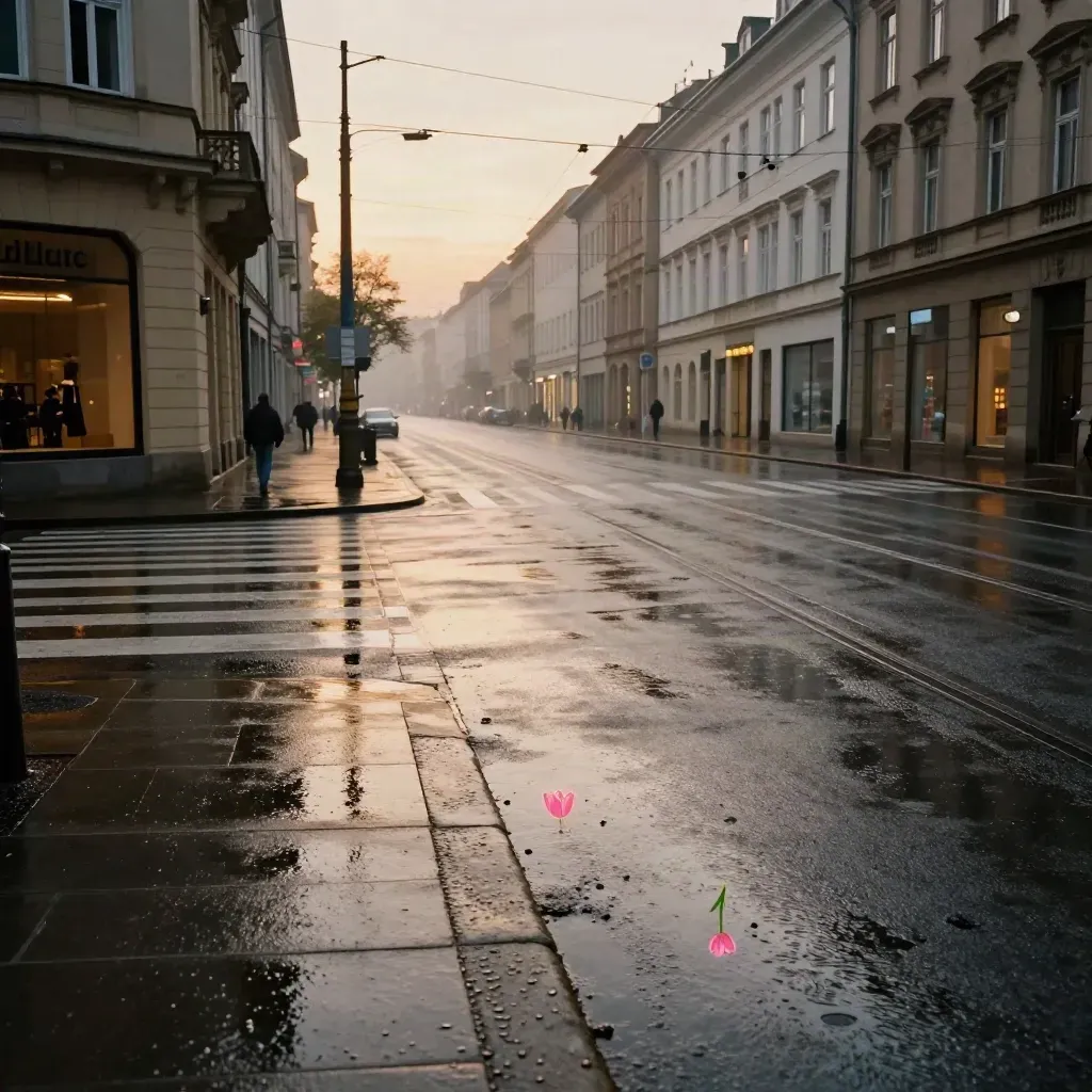 Deštěm lesklá městská ulice s tramvajovými dráty, prázdným přechodem a růžovým odrazem.