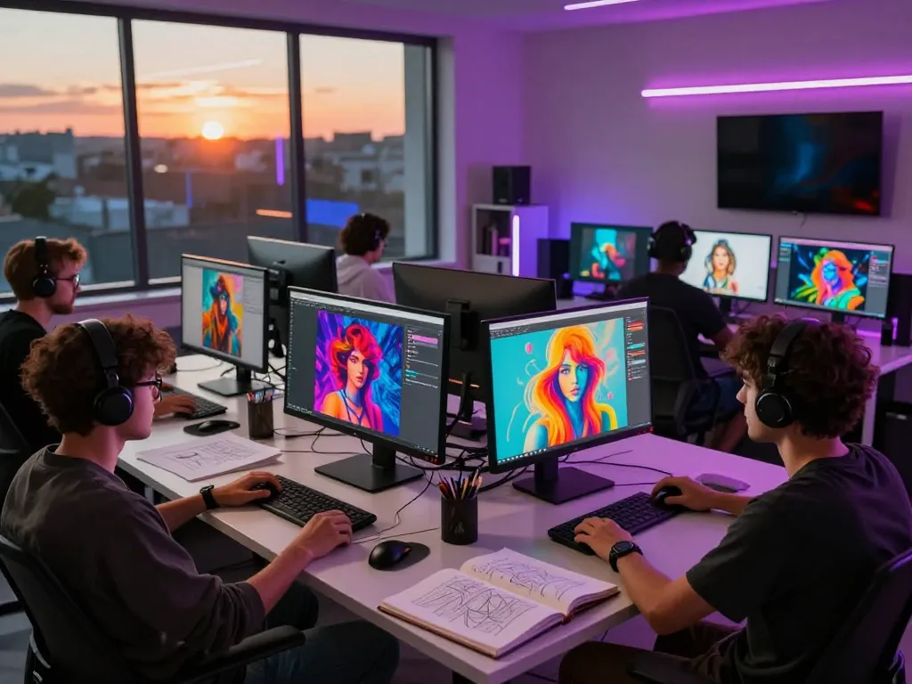 Artists creating AI porn artwork in a modern digital studio with vibrant colors and collaborative atmosphere.